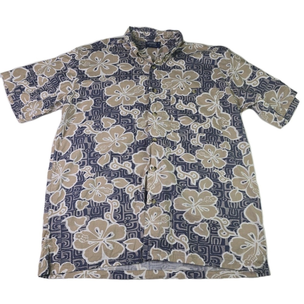 Vintage Polo Ralph Lauren Men's Large Hawaiian Button Down Shirt Floral Blue - Picture 2 of 10